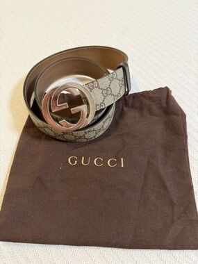 Gucci Beige GG Canvas Belt with Silver Double G Buckle